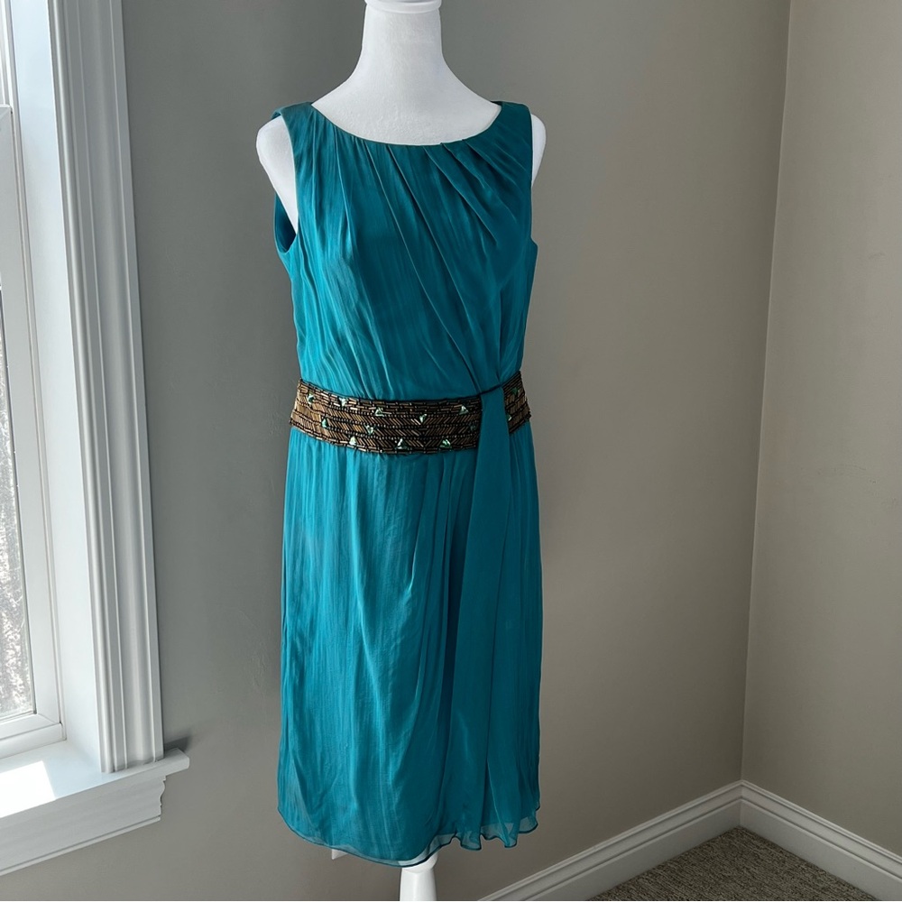 Carmen Marc beautiful %100 silk beaded ruched teal  Size 8 - Picture 3 of 11